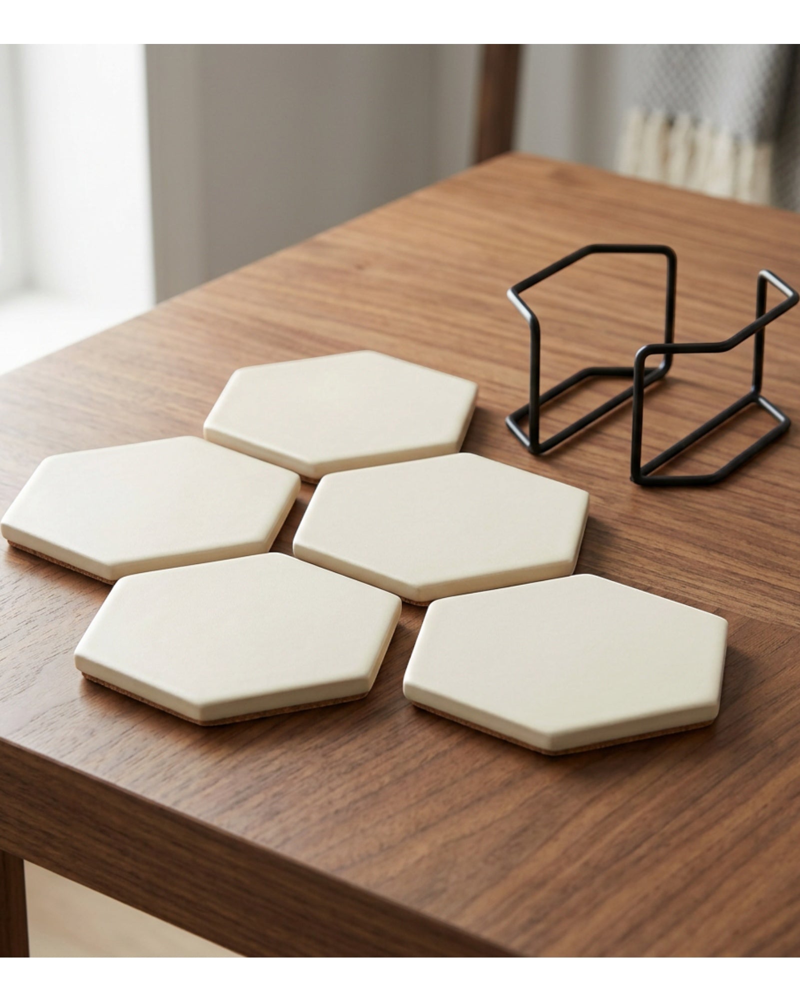 Plvqx Hexagonal Ceramic Coasters Four Piece Ivory - Lifestyle view