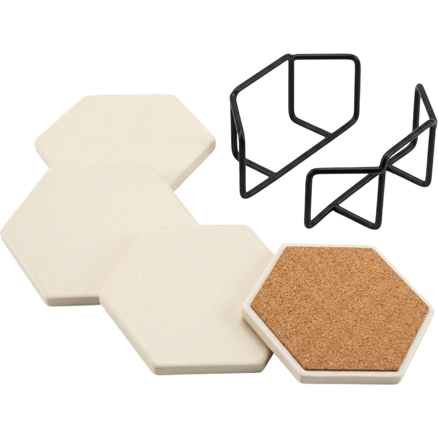 Plvqx Hexagonal Ceramic Coasters Four Piece Ivory